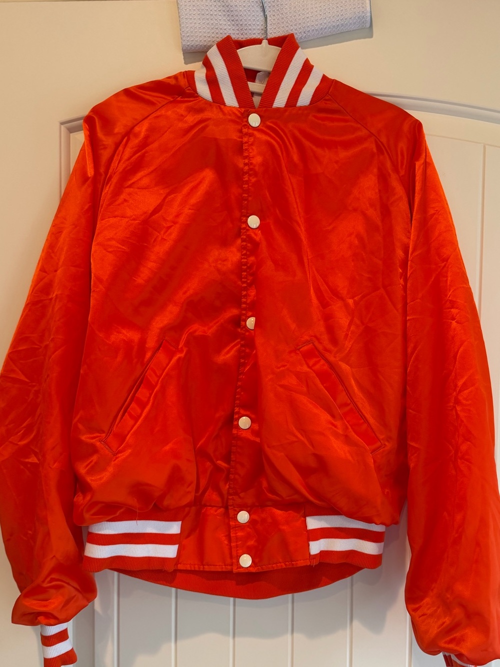 Vintage 80s Men’s Orange Satin Varsity Bomber Jacket M Made in USA Blank